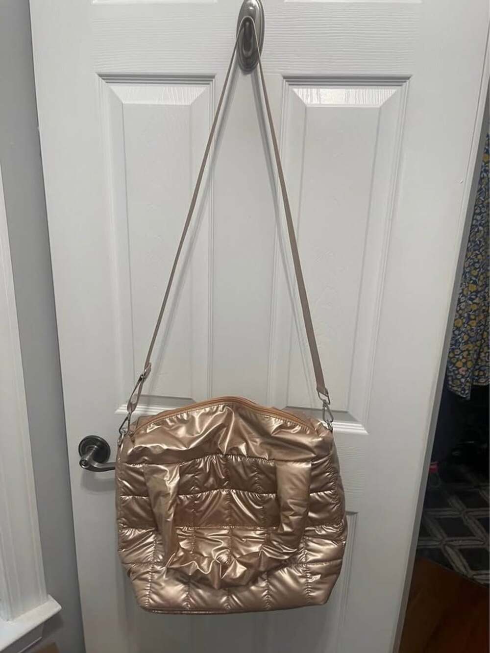 Metallic Rose Gold Quilted Puffer Tote Bag with Crossbody Strap